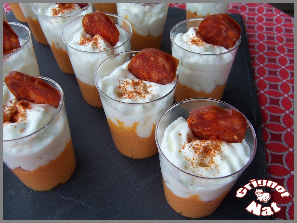 Verrines crème de chorizo et chantilly au chèvre frais