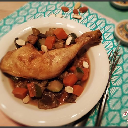Tajine de poulet abricots, amandes et patate douce.