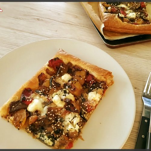 Tarte fine aux légumes grillés, feta et sésame